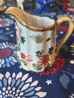 Antique Japanese Kutani porcelain creamer Pitcher birds-and-flowers 3.5‎ IN
